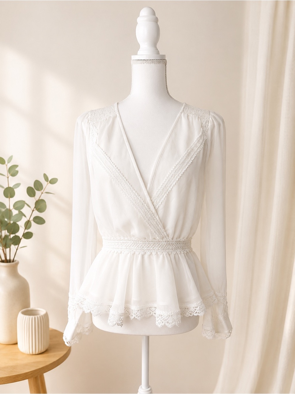 NWOT X by NBD White Lace Trim Wrap Peplum Blouse